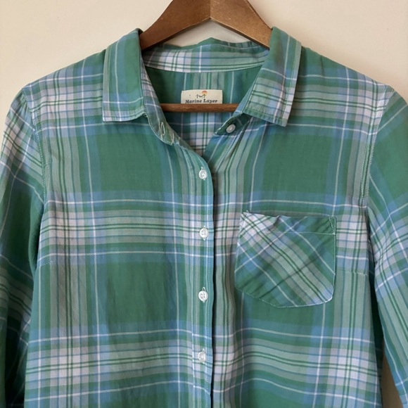 Marine Layer Plaid Button Up Shirt Medium Long Sleeve Green Blue - Picture 2 of 5